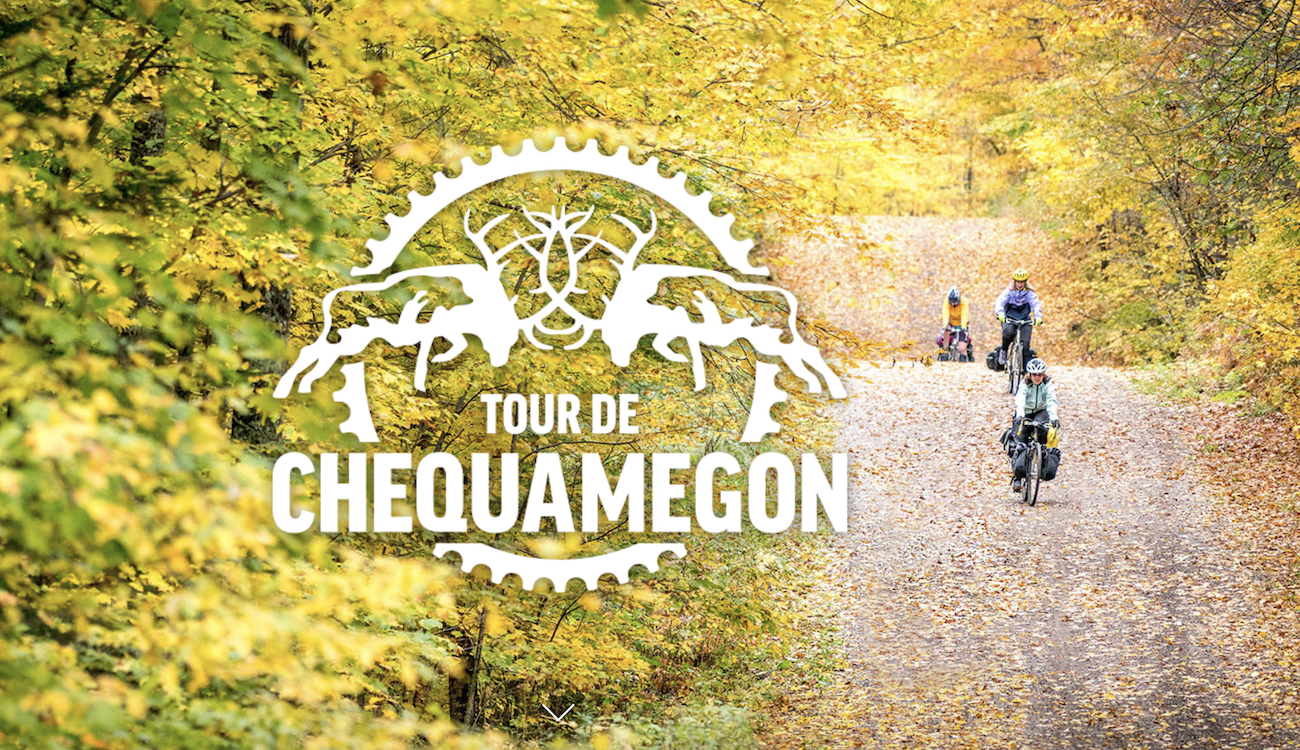 Tour de Chequamegon logo over photo of people riding on gravel road in fall colors