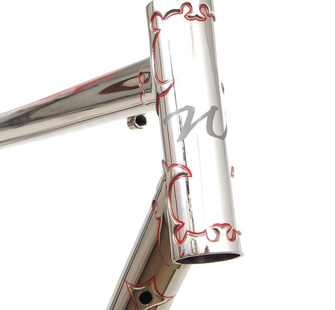 Stainless head tube lugs pinstriped red