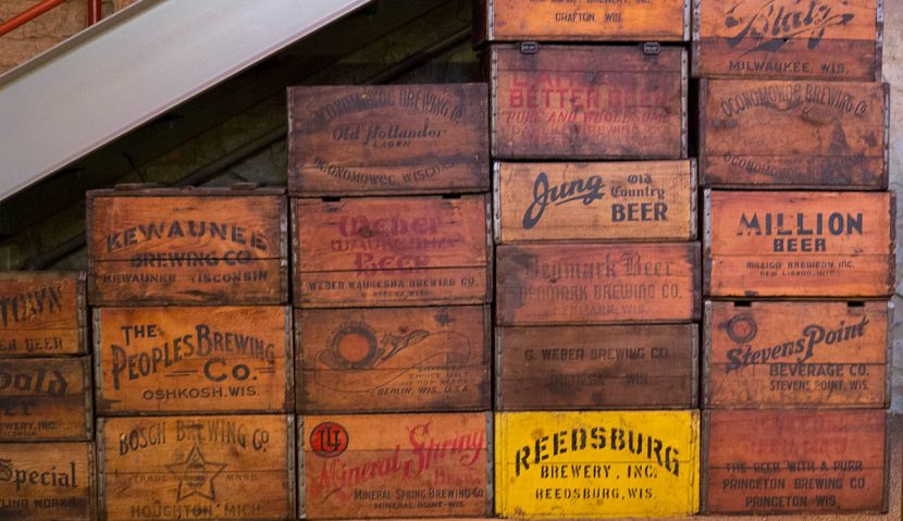 Old wooden beer cases inside the Potosi Brewery Museum