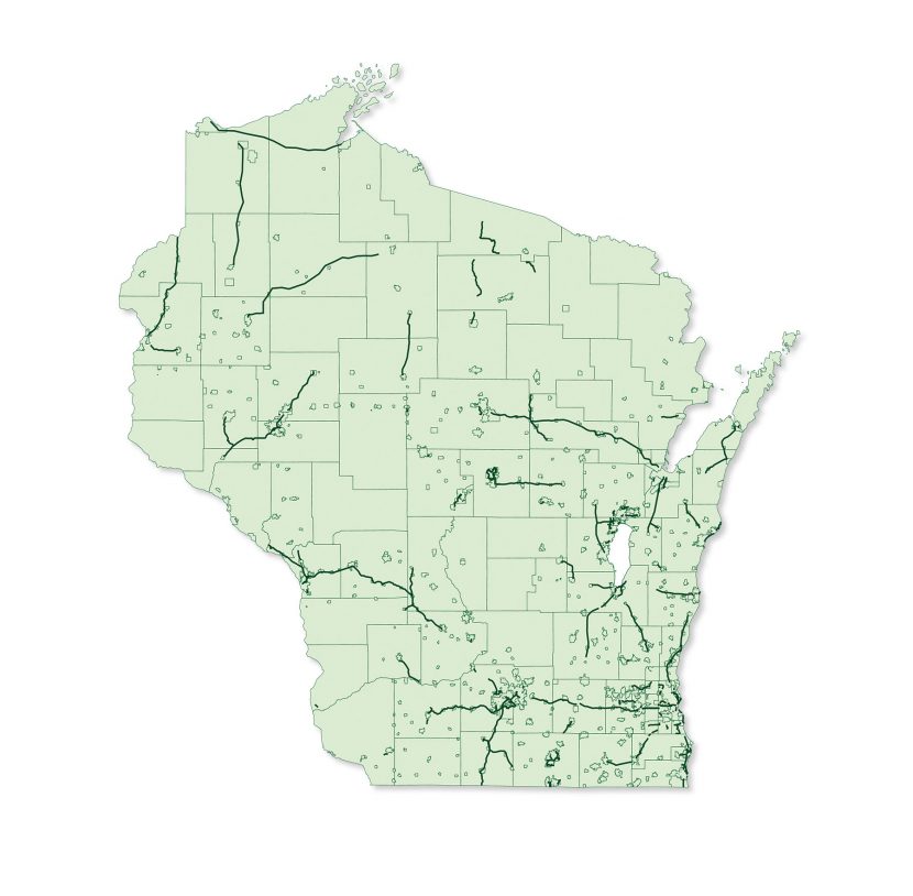 Map of Wisconsin that shows the existing bicycle trail network as of 2013.