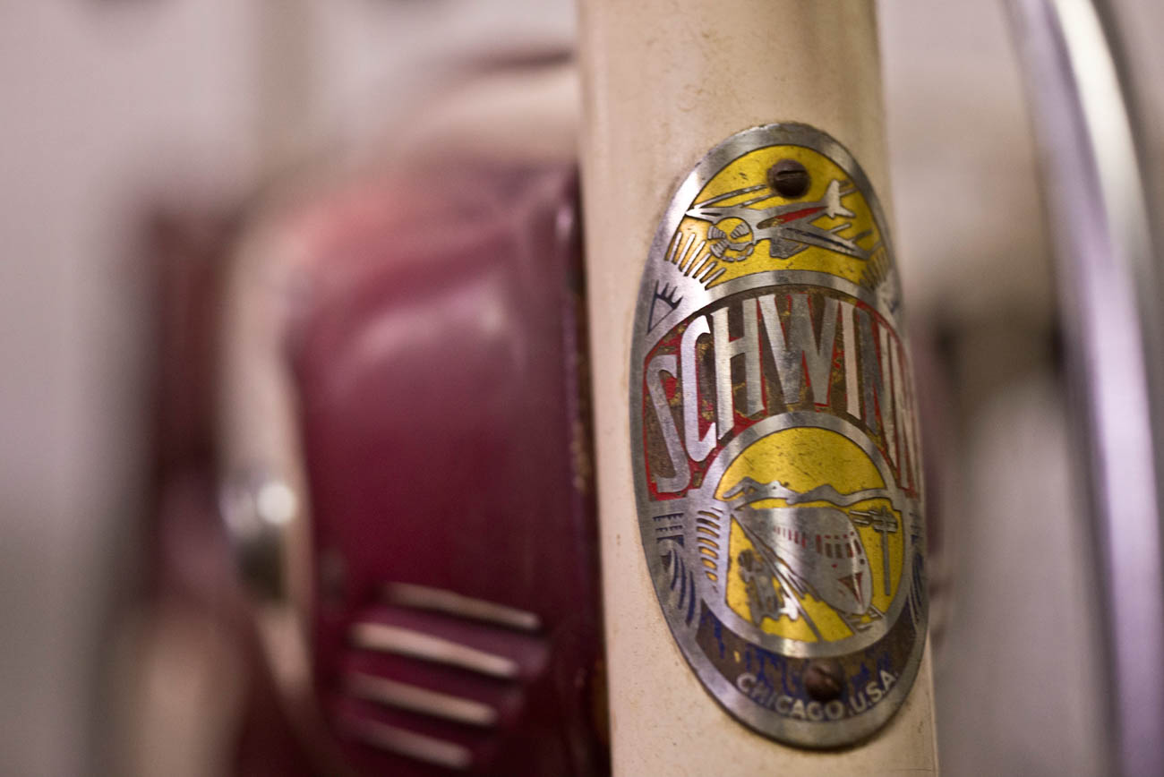 "Planes and Trains" head badge on 1941 Schwinn Autocycle.