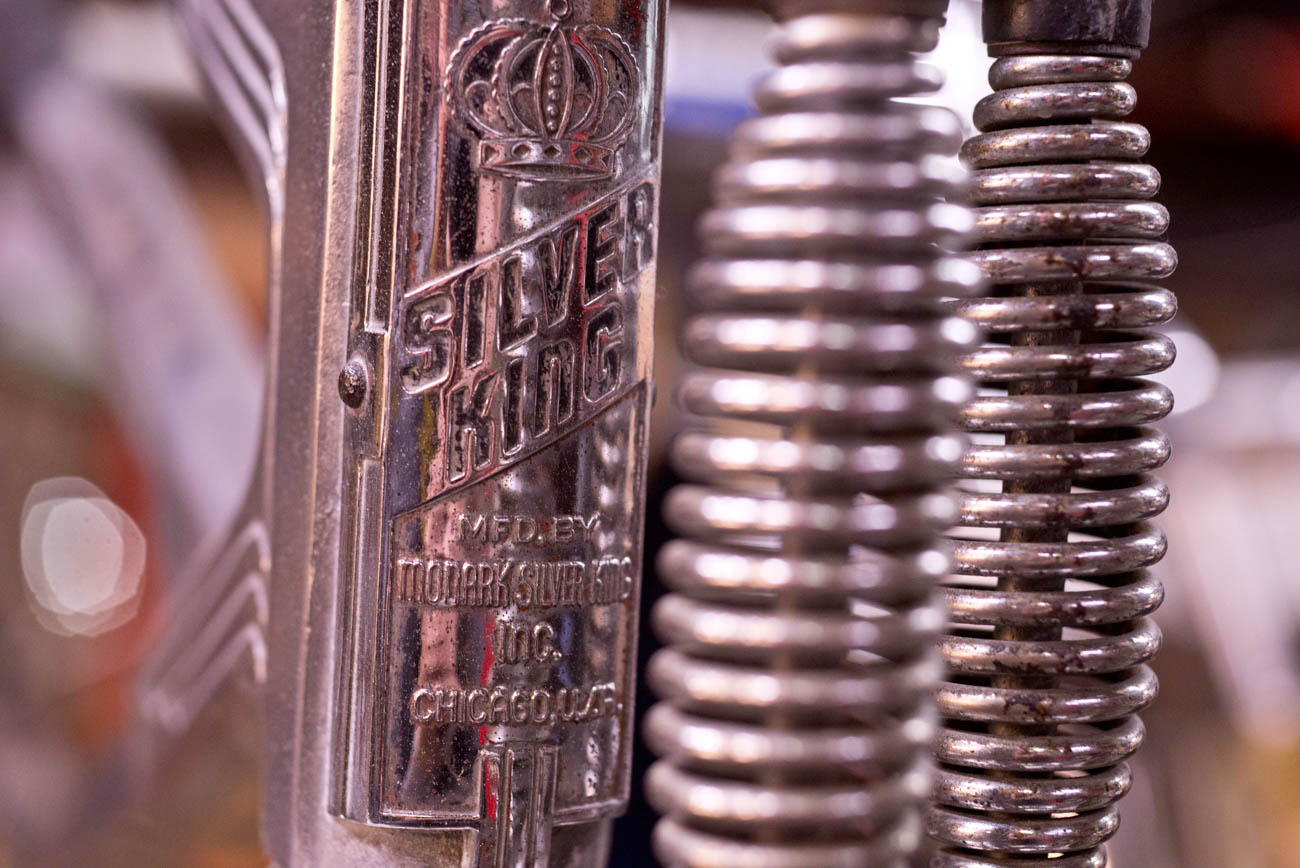 Headbadge and fork springs for 1947 Monarck Silver King Hex Bar Bicycle
