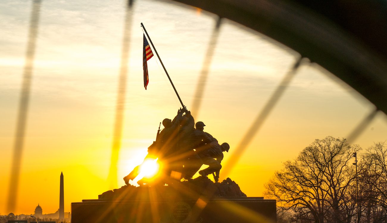 sun riding behind us marine corp iwo jima memorial in Washington, D.C.