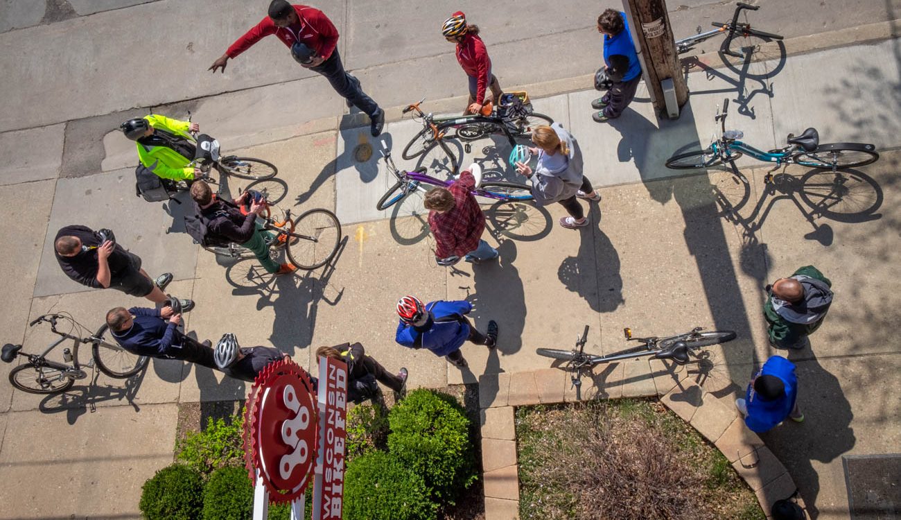 birds eye view of adult bicycle education class