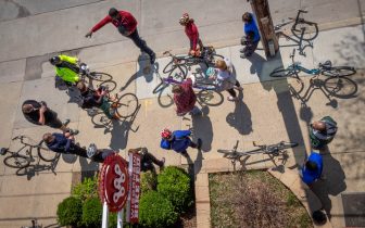 birds eye view of adult bicycle education class