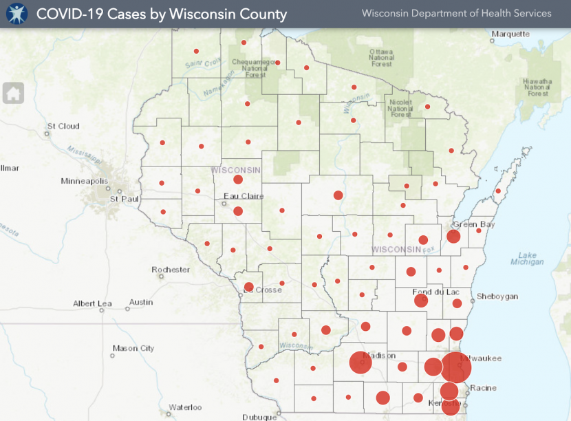 Map of Wisconsin Covid 19 cases by county.