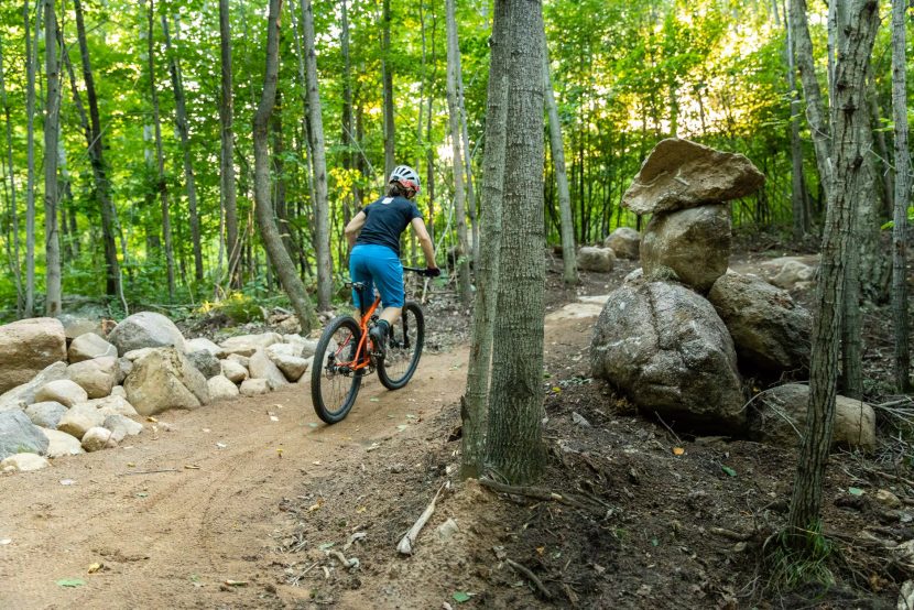 Woman riding a mountain bike away from camera in woods