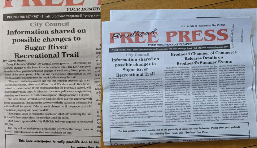 Diptych showing the Brodhead Free Press newspaper and an inset of a story about ATVs on the Sugar River trail
