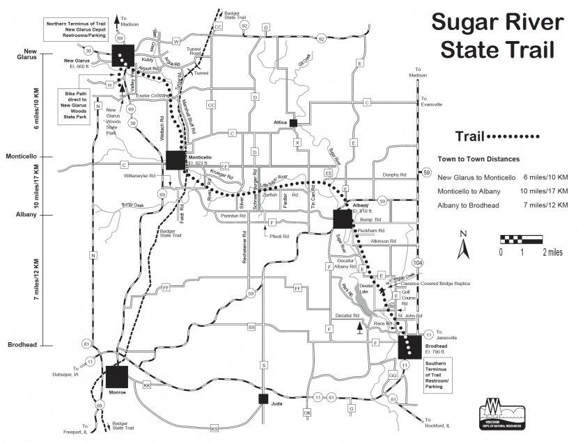 A map of the Sugar River State Trail