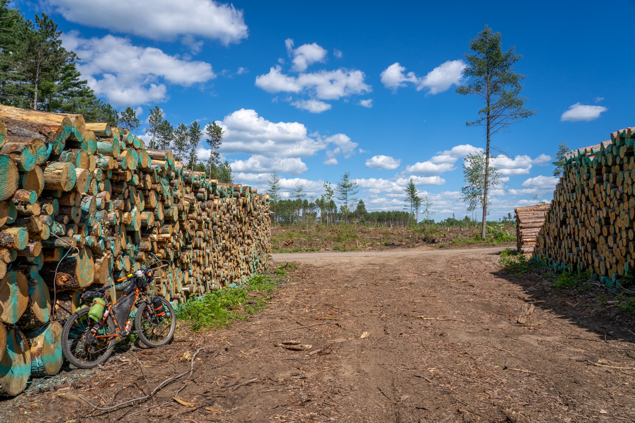 bicycle parked next to a pile of logs