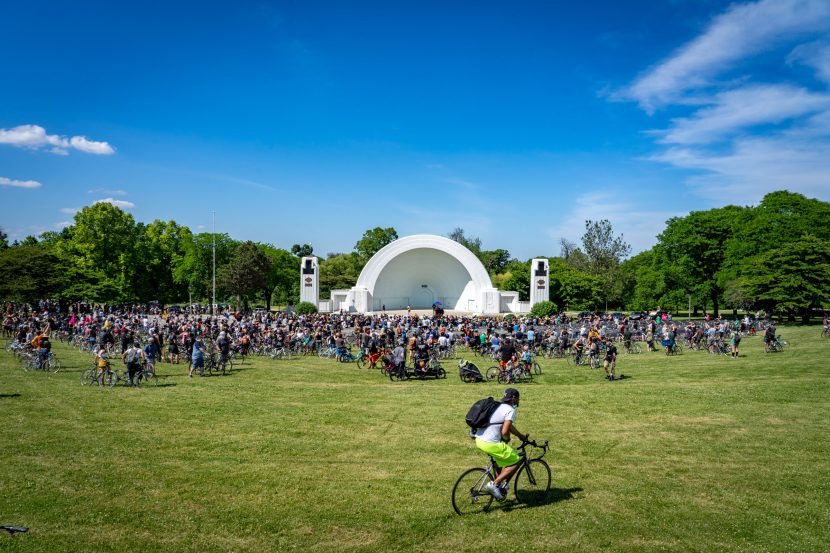 Thousands of riders congregate at the bandshell in Washington Park during a break in the Black is Beautiful Ride.