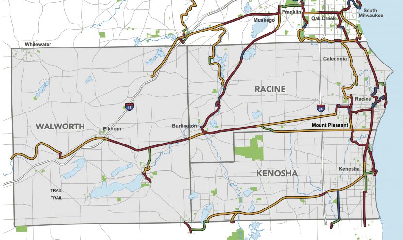 A map of the planned and existing trail system in Walworth, Racine, and Kenosha counties.