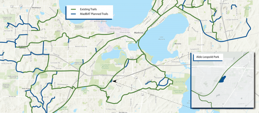 A map of the existing and planned trails in the Madison area.