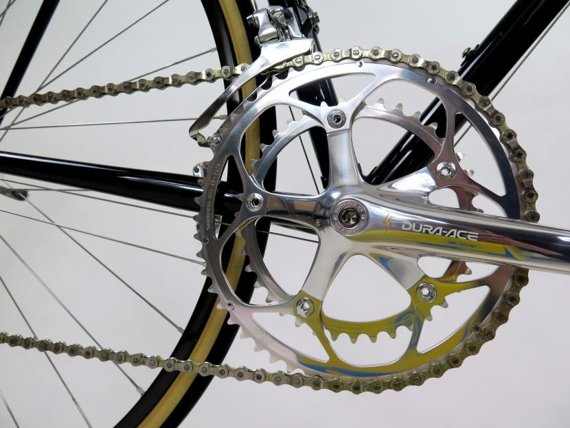 A close-up shot of the chain, chainring, and crank.