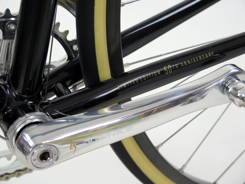 A close-up shot of the crank arm and chainstay with the words "Limited Edition 50th Anniversary emblazoned on the chainstay.
