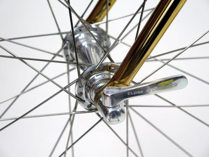 A close-up shot of the front hub and quick release.