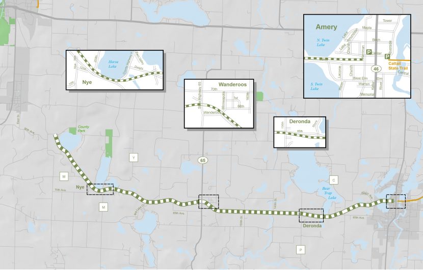 A map of the Seven Lakes Trail with close-ups of Nye, Wanderoos, Deronda, and Amery.