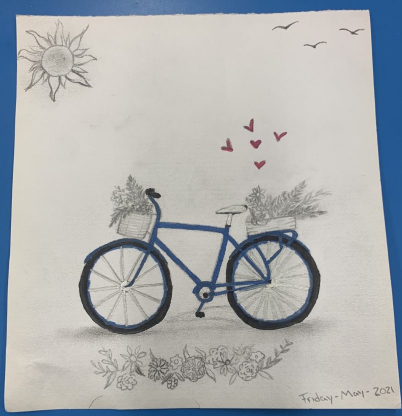 a bicycle drawing with front and back baskets and hearts floating from it