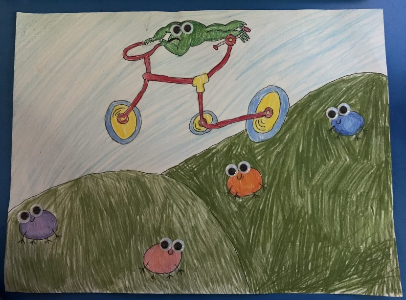 a frog riding a bike over green hills with other frogs on the grass