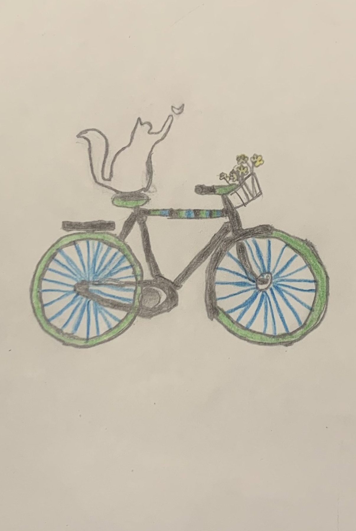 a cat is riding a bicycle on the seat with blue wheels
