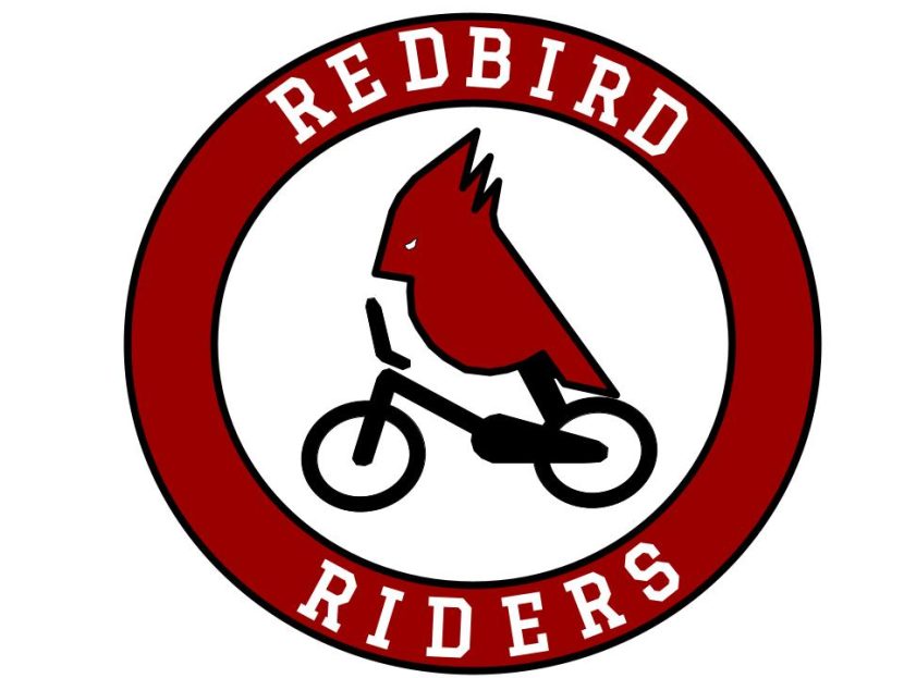 Redbird Riders logo- red circle outside with bird riding bicycle inside
