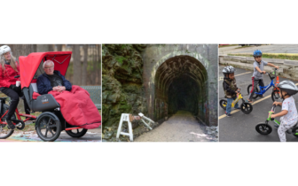 three photos that represent Bike Fed programming: Cycling Without Age, trail infrastructure, youth education