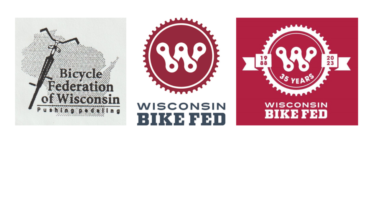 Three logos from Bicycle Federation through Wisconsin Bike Fed and current 35th anniversary logo