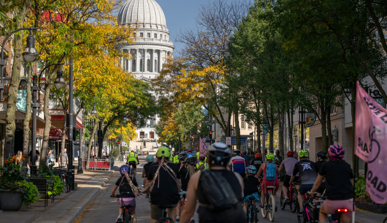 Riders approach the Madison Capitol during Ride For Your Life 2023