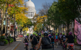 Riders approach the Madison Capitol during Ride For Your Life 2023