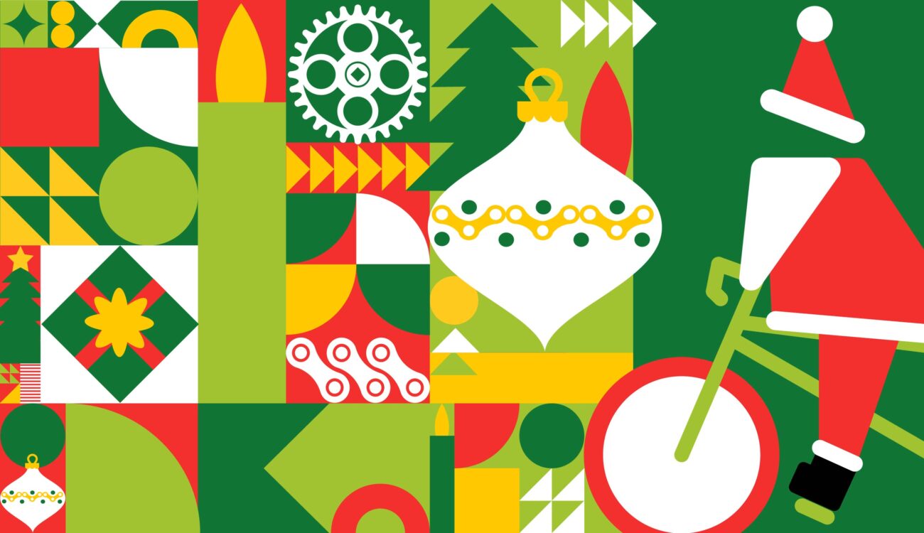 santa cycle rampage art work in bauhaus style with red, green, and white