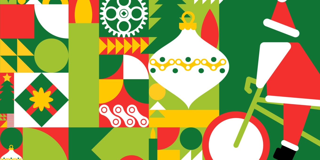 santa cycle rampage art work in bauhaus style with red, green, and white