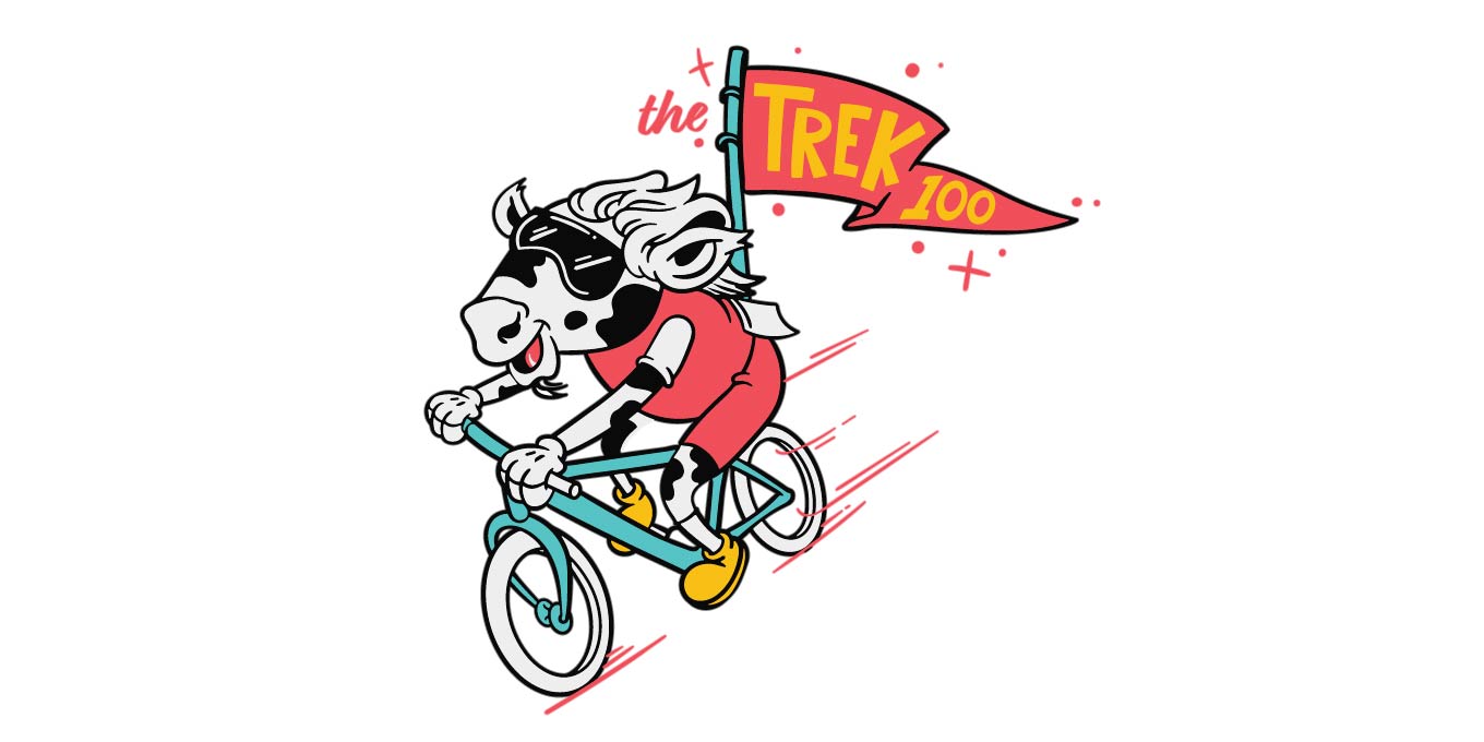 graphic of cow riding a bicycle with a Trek 100 flag/banner