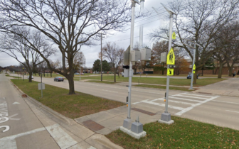 The crosswalk in front of Memorial High School in Madison, WI