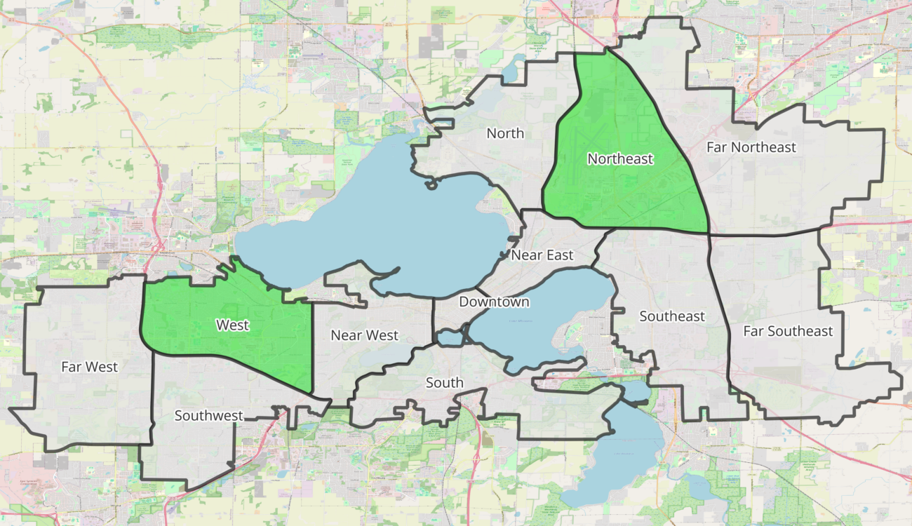 A map of Madison with the areas delineated. The West Area and the Northeast Area are highlighted