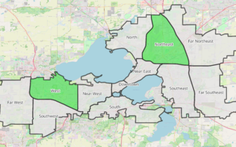 A map of Madison with the areas delineated. The West Area and the Northeast Area are highlighted